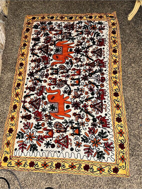 Embroidered Floral Textile in Cream & Orange Elephants Gujarat Wall Tapestry
